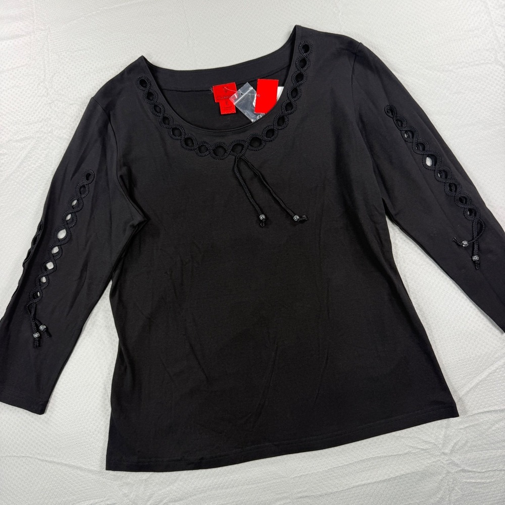 V Cristina Womens XL Black 3/4 Sleeve Top Cutout Lace Up Beaded Neckline NWT